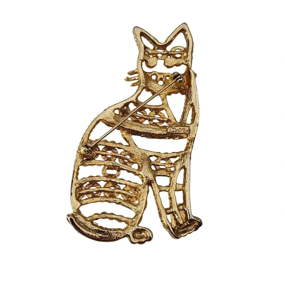 Vintage Signed AJC Gold Tone Chain Whiskers Cute Cat Kitty‎ Brooch Pin
